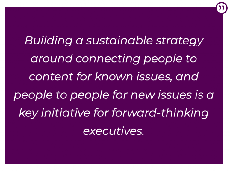 Building a sustainable strategy around connecting people to content for known issues, and people to people for new issues is a key initiative for forward-thinking executives.