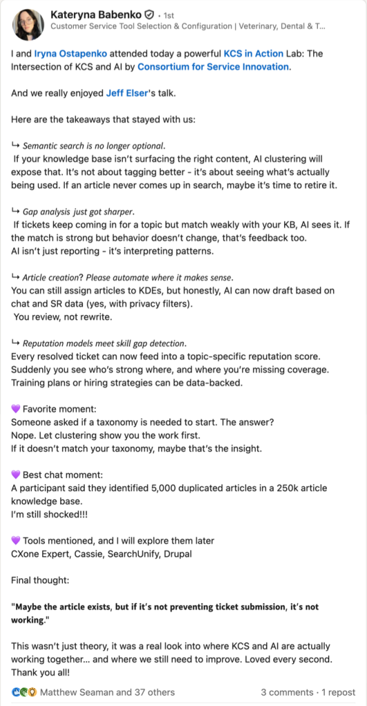 Post on LinkedIn from Kateryna about her takeaways